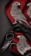 Placeholder: White clipped wings on a red fabric, next to scissors and black leather gloves. Cinematic image