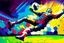 Placeholder: Oil painting, football match, the striker is kicking a goal, the ball is flying, bright but not neon colours, dynamic lines, dynamic blobs, spots, lines in the background of the character, like a colour explosion, A visually striking piece filled with dynamic brushstrokes, reminiscent of the impasto technique used in Vincent Van Gogh's Post-Impressionist paintings. The composition features bold colors and unblended strokes, creating a sense of depth and movement that defies traditional art style