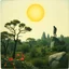 Placeholder: Polaroid photo of a peaceful marvelous landscape, trees, flowers, giant sun, bas-relief, decal, very spooky figure, intricate, rock formations, atmosphere of a Max Ernst painting, Henri Rousseau, thoughtful, interesting, a bit appalling, smooth