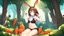 Placeholder: Girl, brown rabbit ears , brown rabbit tail, brown hair, open navel, forest, morning, carrot in hand, sit, , fur on hand and feet.