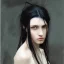 Placeholder: a painting of a woman with long black hair,an oil painting, painted by addition of overlapping layers of color, glazing technique, hyper realistic painted long tangled black hair ,very pale skin, intricate precise detail, inspired by John William Waterhouse, figurative art, in yoji shinkawa's art style, closeup faces, annoyed expression, looking directly at us, weak and weary, hyper realistic facial feature painting, red rimmed eyes dark circles, pouty parted lips, hyper realistic oil painting,