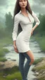 Placeholder: full body shot of a pretty woman, dressed in white shirt, full body portrait, nice perfect face with perfect face, hyper realistic concept, 8k resolution, photography quality, posing for a photo, photo realistic, standing in country side with a small river,nice cloudy sky