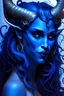 Placeholder: a captivating blue-skinned devil with elegant horns and allure beyond compare. Her seductive nature is represented through her enchanting voice, mesmerizing gaze, and irresistible charm. She has stunning blue skin that shimmers like a moonlit ocean. Her long, flowing hair cascades in midnight blue waves, framing her alluring face. Horns, elegantly curved like a crescent moon, adorn her forehead, adding an enigmatic charm to her appearance. Her eyes are deep pools of sapphire, holding a seductive