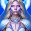 Placeholder: portrait of a beautiful aztecan woman with an angel face smiling,long blond hair, blue eyes, pink and blue dress, jewels, soft light aura