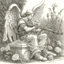 Placeholder: renaissance style angel, sitting in a garden, inspecting an ak 47 gun, pencil sketch, beautiful