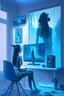 Placeholder: Metaverse artist 3d character seating in front of computer and make something on their screen wear VR Box a blue fog volume light coming from side window realistic interior with lot of technology gadgets some painting and poster on wall and one virtual girl on screen who Chait with the artist 3d character.