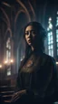 Placeholder: Shi Fi, a beautiful American woman in the church , atmospheric lighting effects, intricate industrial details, moody atmosphere, eerie grimdark ambiance, complex motherboard accents, speculative fiction art. Bokeh