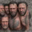 Placeholder: close up 35mm lens, top view of three gipsy prisoners 45 years old sleeping laying down inside a dirty jail, ugly, bullneck, strong beefy, in tank top, manly chest, tattoo, misery and poverty, photorealistic, ultradetailed, 32keyes