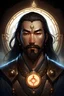 Placeholder: Generate a dungeons and dragons character portrait of the face of a male cleric of peace aasimar that looks like a asian man with scant facial hair blessed by the goddess Selune. He has long black hair and glowing eyes and is surrounded by holy light. He has a crescent moon tatooed on the forehead