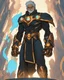 Placeholder: A 25 years boy persian in matte black robes with flaming eyes with grin with flaming light blue pupils stands atop a squire Two infinity gauntlets contain six infinity stones, one of which is made with nano In the hands of a powerful man walking While standing on a majestic height from afar With two big wings