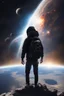 Placeholder: A figure wearing a black backpack deep in a supernova overlooking planet Earth