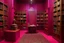 Placeholder: A reddish magenta library with spell casting books designed in ancient Egyptian hieroglyphics painted by Victor Vasarely