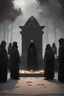 Placeholder: Generate an immersive outdoor 3D rendering of 12 dark figures next to a sacrificial altar in a ceremony demonstrating the emotion of an evil religion. The figures are in black hooded robes, faces hidden. Use advanced 3D techniques to bring this demonic epic scene to life. showing terrible and anxious mystery and evil. The image should capture the intricate details of the scene. Ensure the final images exhibit the utmost quality, encompassing 4K, 8K, 64K resolutions, with 3D rendering that manife