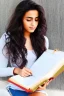 Placeholder: Pencil sketch of Young woman, Arab features,sad, long wavy hair, reading a book, full body، on lined paper