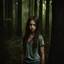 Placeholder: thin 12 year old girl with dark tangled and dirty hair, blue eyes, dirty face, wearing a ripped and dirty teeshirt, in a forest , photorealistic, dark fantasy