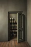Placeholder: Bosch painting style nightmare, a wall with An open big door behind the door are shelf’s full of human skulls