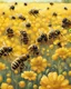 Placeholder: bees on hives on a yellow flower field, abstract illustration