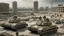 Placeholder: Israeli soldiers and tanks stand on a very large chessboard in the middle of a destroyed city