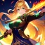 Placeholder: 8k, Girl, high quality, detailed, golden hair, green eyes, beautiful lighting, vibrant colors, fire sword