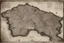 Placeholder: a scan of an ancient printed road map of a fictional place that was black and white and uses a Cree font, but has since been stained and weathered