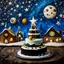 Placeholder: Folk art photograph, Nightmare before Christmas made of cake-frosting and felt, village, naïve, stars and planets, Max Ernst, neutral natural colors, mixed media, bokeh