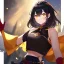 Placeholder: Clear focus,High resolution, Black short fluffy hair, and yellow eyes, wearing a black short skirt, sleeveless crop top, wearing long dark red gloves, yellow cloak