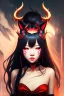 Placeholder: Beautiful devil asian girl with devil horns on her head, with brown eyes, detailed, looking at the camera, princess