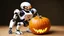 Placeholder: A decisive robot eating a pumpkin.