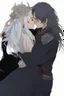 Placeholder: Couple from dnd kissing, woman with white hair wearing a dress, man with long black hair tunic and red cloak.