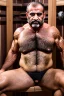 Placeholder: full body shot photography of two arabs angry beefy and strong carpenters unshaved embraced, ugly sitting in a steamy sauna, open legs, 48 years old, burly sweaty manly chest, angry eyes, lot of steam, photorealistic, hyper defined, 35mm lens, frontal view from the ground