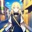 Placeholder: yellow brick road, road signs, arrows, direction, anime girl walking, detail on the girl