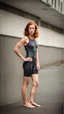 Placeholder: anorexic beautiful woman, age 24, total shot, short anthracite triathlon swimsuit, medium long wavy bob haircut, red hair, blurred concrete background