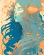 Placeholder: beautiful cute front portrait of an elvish deity, long hair in motion, herbs and blue pastel colors, flowers orange by victo ngai, kilian eng, dynamic lighting, digital art, art by james jean, takato yamamoto, inkpunk minimalism, floating medusa background