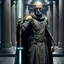 Placeholder: star wars bald male corellian pilot wearing pearlescent black and gunmetal grey First Order special forces heavy assault stealth commando armor and helmet with gold trim inside the jedi temple, hyperdetailed, dynamic lighting, hyperdetailed background, 8k resolution, volumetric lighting, light skin, fully symmetric details