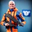 Placeholder: a large pile of plastic face Mike Pence G.I. Joe toy Doll spaceforce uniform, orange blue fabric, guns, wall packaging for sale, bright pricetag, finger, empty box