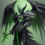 Placeholder: demonio de armadura negra y verda y alas negras con plumas sosteniendo una lanza verde