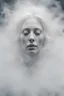 Placeholder: translucent female face barely visible from very dense white smoke and fog, translucent ghost-like face with lots of white hair, lots of fog in the background, surreal style