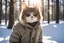 Placeholder: Cat in Wellensteyn coat, winter forest, pine trees, snowing, in sunshine