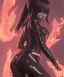 Placeholder: Detailed cute anime Kunoichi female demon looking behind her creepily in a fire, black latex bodysuit, intricate details, full body portrait, keep head in frame, slight smile, black Japanese motif, concept art, highly detailed, digital painting, concept art, sharp focus, illustration, art by Yoji Shinkawa, WLOP and greg rutkowski and alphonse mucha and artgerm and yanjun Chen and Junji ito and Makoto Shinkai, HDR, octane render