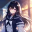 Placeholder: Clear focus, high resolution, black long fluffy hair, purple eyes, wearing a sailor uniform