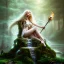 Placeholder: romantic fantasy spray painting, cute blonde robed poet sitting on huge marble throne, loosing torch in winding magical forest with waterfall