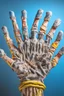 Placeholder: A super big hand surround a big army , the texture of the hand is gray Mady dirty and covers with white powder