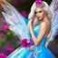 Placeholder: Fantasy fairy with transparent wings, smiling, make up, long platinum blond hair with crown and flowers, blue dress, flower background