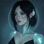 Placeholder: a pretty woman, dark hair, futuristic, contemplative, digital art, stylised