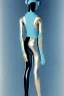 Placeholder: Lay figure woman with plastic milky, plank skin. Haute Couture 90's. Light from right. Silver, black, Cyan. Big AKG headphones. Golden rings and discs. Thick tights, Thick calves, Curved fell, Wide hip. Two torsos are growing from the long tippet of earlier torso. Torso fractals. Outer most head, blinking one eye. Post-apocalypse. anti-technology. Technological singularity. Fake smile, camera-eyes, cables, selfies, 3D-tiles background, cyber-punk full-mask. Absorbed artifacts. Limb-fusions.