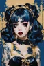 Placeholder: Poster in two gradually, a one side malevolent goth vampire girl face and other side the Singer Melanie Martinez face, painting by Yoji Shinkawa, darkblue and gold tones,