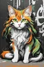 Placeholder: Graffiti illustration of a beautiful cat with long, wavy, thick hair, pointed ears, bright green eyes, orange, black and white colors, ultra quality, (((full body))), sitting on the floor