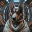 Placeholder: portrait of decisive dog space station commander in the style of giger, spray paint, photo realism, trending on art station, 8k, depth of field, down light, light rays, volumetric, white hall in spaceship, blue, brown and orange
