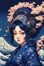 Placeholder: beautiful, cyberpunk, huge girl, petit girl, hyperdetailed, illustration by Katsushika Hokusai in 8bits, Pixel Art, darkblue tones,