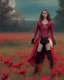 Placeholder: Feiticeira escarlate, Elizabeth Olsen, feiticeira, magia, rosto detalhado belo, bonita, cenário em um campo de flores, cinematográfico, dramático, por do sol, campo de flores, cores frias